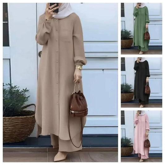 Fashionable Muslim Women's Floral Print Two-Piece Set Long Shirt Wide Leg Pants Spring Autumn Vintage Clothing Ensemble
