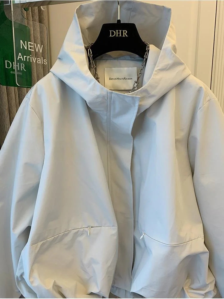 Unique Women Spring Autumn Hooded Short Jacket Casual Drawstring Pocket Windbreaker Loose Zipper Basic Coat