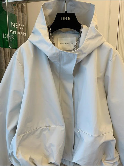 Unique Women Spring Autumn Hooded Short Jacket Casual Drawstring Pocket Windbreaker Loose Zipper Basic Coat