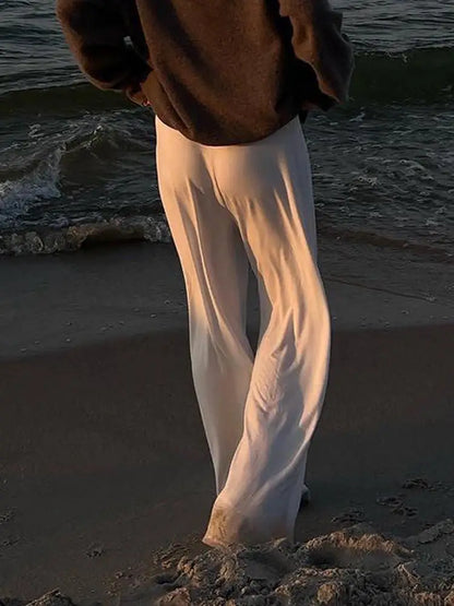 Beachy Wide-Leg Pants Soft Flowy Solid Color Women's Trousers Elastic Waist Casual Boho Chic Everyday Lounge Pants Woman Trendy