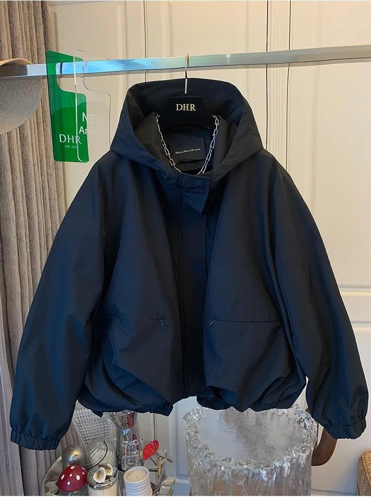 Unique Women Spring Autumn Hooded Short Jacket Casual Drawstring Pocket Windbreaker Loose Zipper Basic Coat