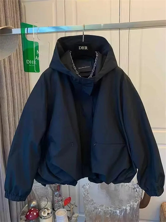 Unique Women Spring Autumn Hooded Short Jacket Casual Drawstring Pocket Windbreaker Loose Zipper Basic Coat