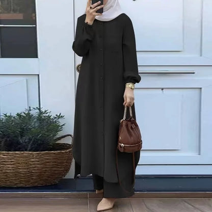 Fashionable Muslim Women's Floral Print Two-Piece Set Long Shirt Wide Leg Pants Spring Autumn Vintage Clothing Ensemble