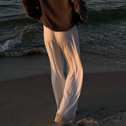 Beachy Wide-Leg Pants Soft Flowy Solid Color Women's Trousers Elastic Waist Casual Boho Chic Everyday Lounge Pants Woman Trendy