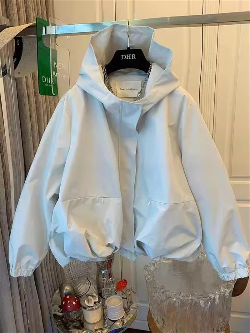 Unique Women Spring Autumn Hooded Short Jacket Casual Drawstring Pocket Windbreaker Loose Zipper Basic Coat