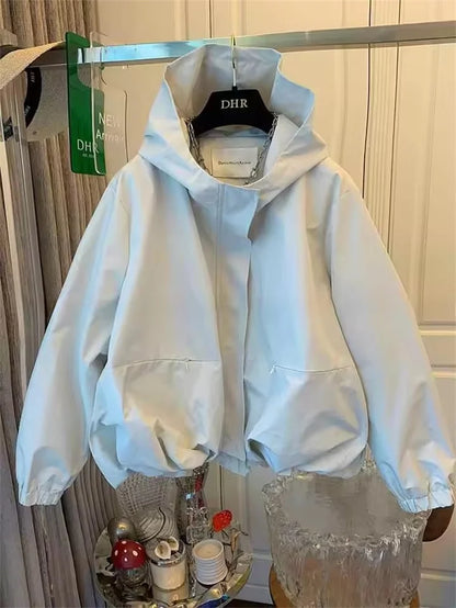 Unique Women Spring Autumn Hooded Short Jacket Casual Drawstring Pocket Windbreaker Loose Zipper Basic Coat