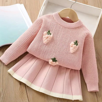 Girls' flying sleeve long sleeve knitted sweater set autumn and winter new girls' two piece dress baby birthday party suit