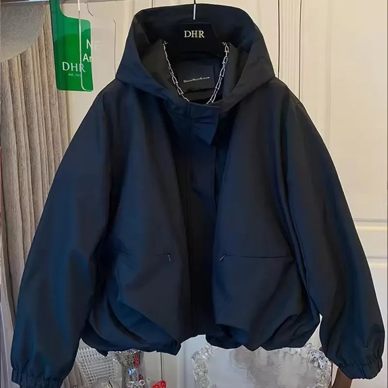 Unique Women Spring Autumn Hooded Short Jacket Casual Drawstring Pocket Windbreaker Loose Zipper Basic Coat