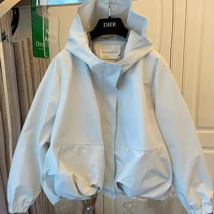 Unique Women Spring Autumn Hooded Short Jacket Casual Drawstring Pocket Windbreaker Loose Zipper Basic Coat