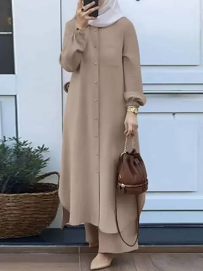 Fashionable Muslim Women's Floral Print Two-Piece Set Long Shirt Wide Leg Pants Spring Autumn Vintage Clothing Ensemble