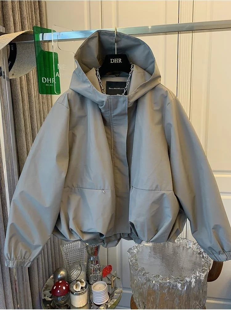 Unique Women Spring Autumn Hooded Short Jacket Casual Drawstring Pocket Windbreaker Loose Zipper Basic Coat