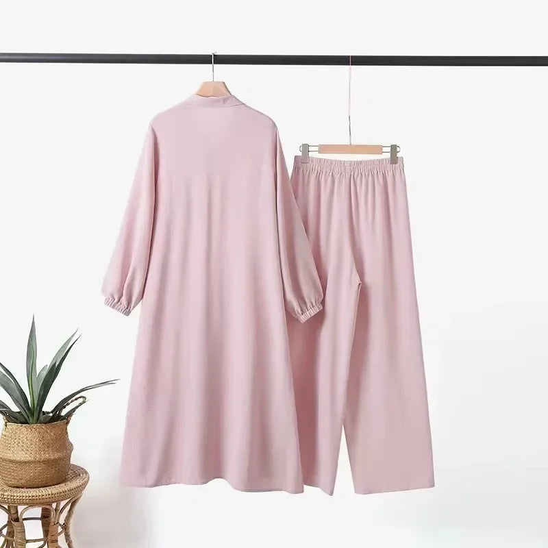 Fashionable Muslim Women's Floral Print Two-Piece Set Long Shirt Wide Leg Pants Spring Autumn Vintage Clothing Ensemble