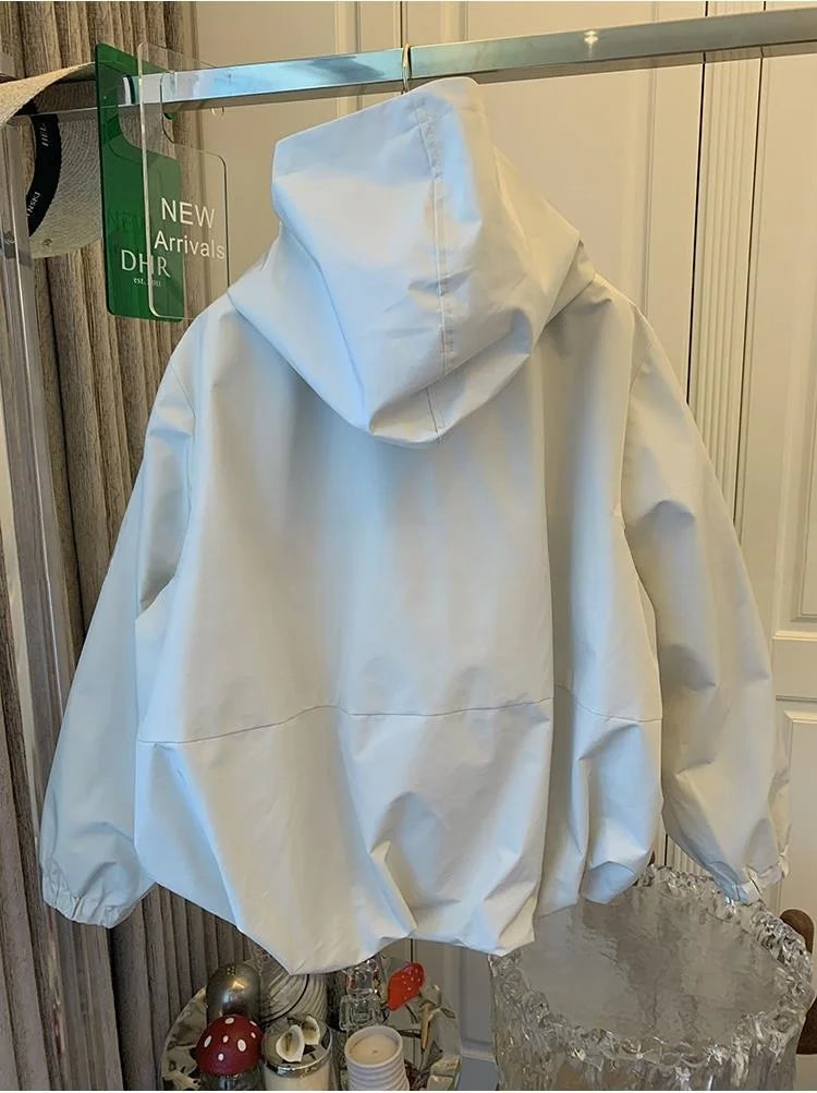 Unique Women Spring Autumn Hooded Short Jacket Casual Drawstring Pocket Windbreaker Loose Zipper Basic Coat