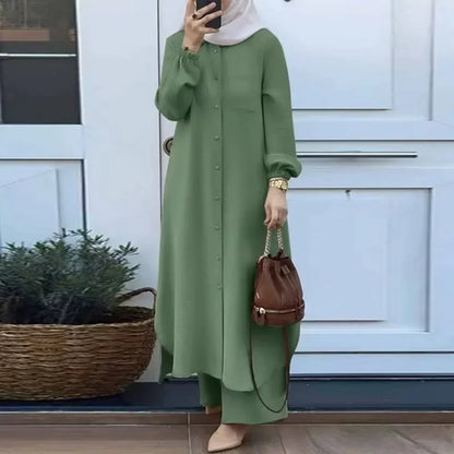 Fashionable Muslim Women's Floral Print Two-Piece Set Long Shirt Wide Leg Pants Spring Autumn Vintage Clothing Ensemble