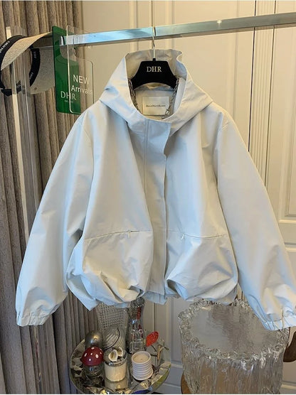 Unique Women Spring Autumn Hooded Short Jacket Casual Drawstring Pocket Windbreaker Loose Zipper Basic Coat