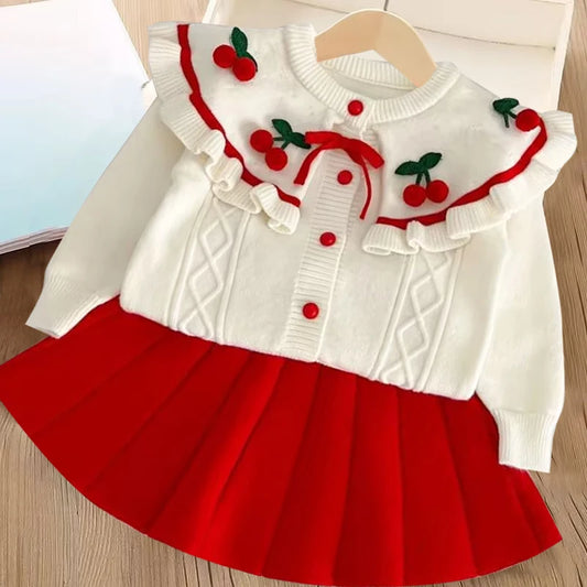 Girls' flying sleeve long sleeve knitted sweater set autumn and winter new girls' two piece dress baby birthday party suit