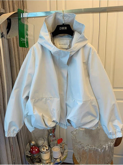 Unique Women Spring Autumn Hooded Short Jacket Casual Drawstring Pocket Windbreaker Loose Zipper Basic Coat