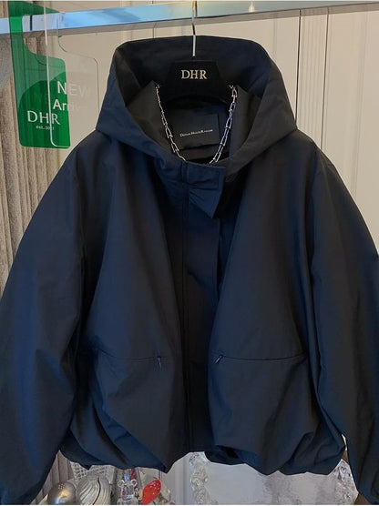 Unique Women Spring Autumn Hooded Short Jacket Casual Drawstring Pocket Windbreaker Loose Zipper Basic Coat