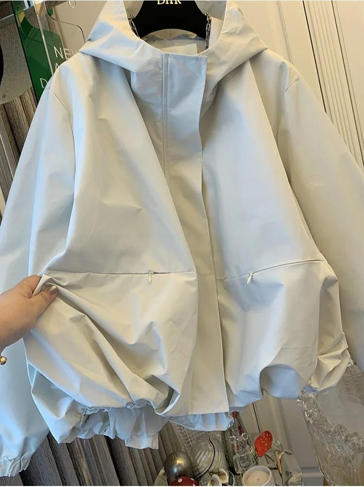 Unique Women Spring Autumn Hooded Short Jacket Casual Drawstring Pocket Windbreaker Loose Zipper Basic Coat