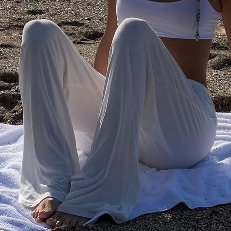Beachy Wide-Leg Pants Soft Flowy Solid Color Women's Trousers Elastic Waist Casual Boho Chic Everyday Lounge Pants Woman Trendy