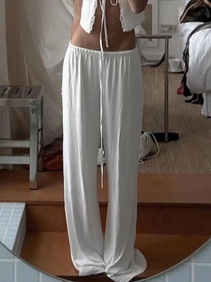 Beachy Wide-Leg Pants Soft Flowy Solid Color Women's Trousers Elastic Waist Casual Boho Chic Everyday Lounge Pants Woman Trendy