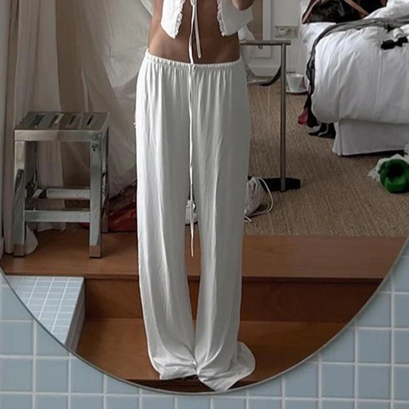 Beachy Wide-Leg Pants Soft Flowy Solid Color Women's Trousers Elastic Waist Casual Boho Chic Everyday Lounge Pants Woman Trendy