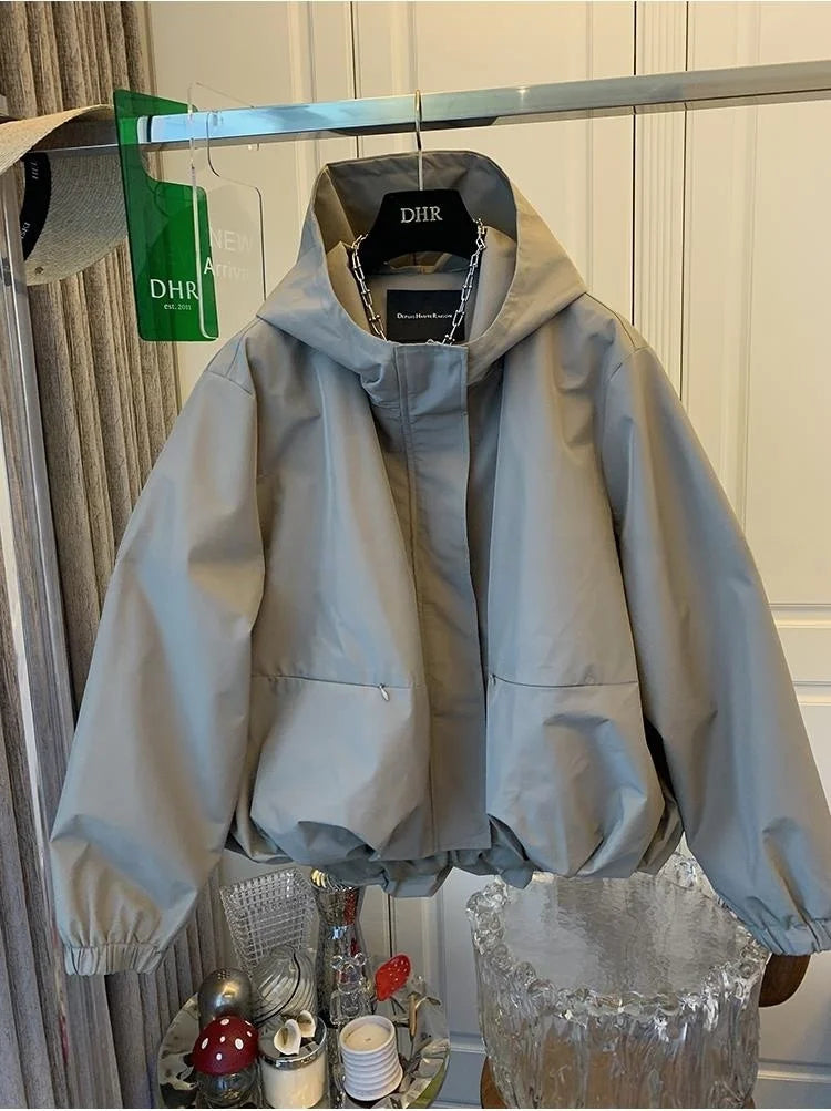 Unique Women Spring Autumn Hooded Short Jacket Casual Drawstring Pocket Windbreaker Loose Zipper Basic Coat
