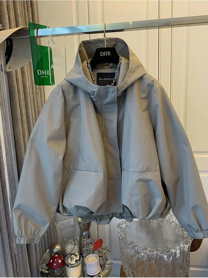 Unique Women Spring Autumn Hooded Short Jacket Casual Drawstring Pocket Windbreaker Loose Zipper Basic Coat