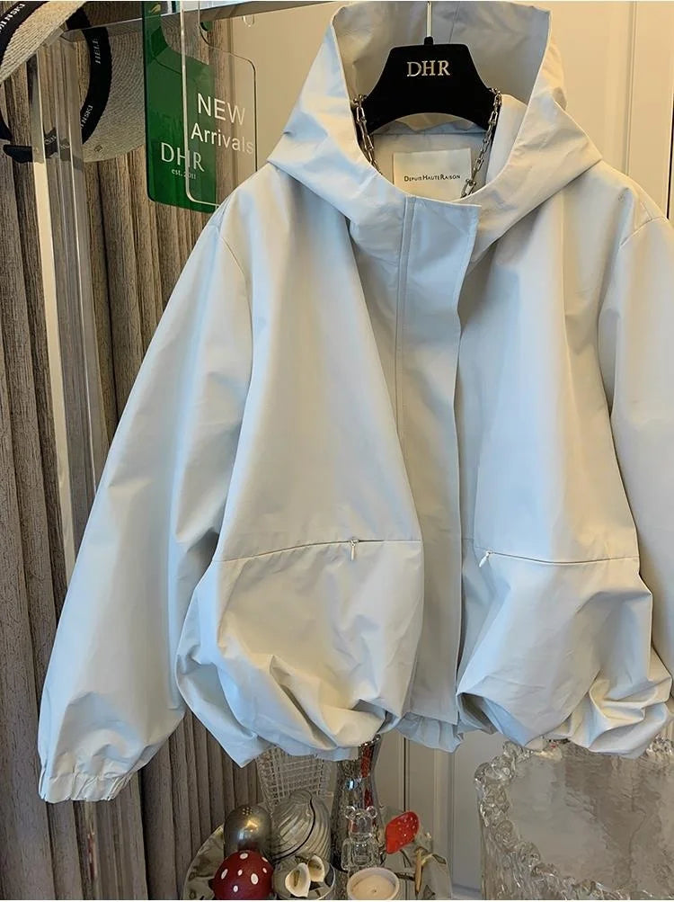 Unique Women Spring Autumn Hooded Short Jacket Casual Drawstring Pocket Windbreaker Loose Zipper Basic Coat