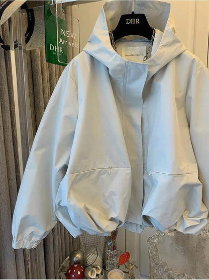 Unique Women Spring Autumn Hooded Short Jacket Casual Drawstring Pocket Windbreaker Loose Zipper Basic Coat