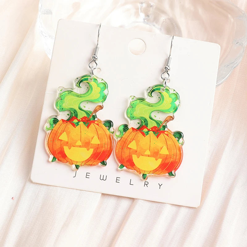 1Pair Fashion Halloween Creative Acrylic Stacked Pumpkin Cats Dangle Earrings For Women Birthday Festival Gift Lovely Jewelry