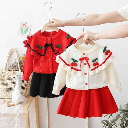 Girls' flying sleeve long sleeve knitted sweater set autumn and winter new girls' two piece dress baby birthday party suit