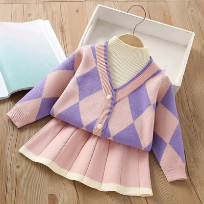 Girls' flying sleeve long sleeve knitted sweater set autumn and winter new girls' two piece dress baby birthday party suit