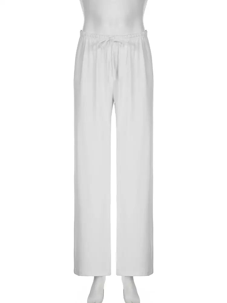Beachy Wide-Leg Pants Soft Flowy Solid Color Women's Trousers Elastic Waist Casual Boho Chic Everyday Lounge Pants Woman Trendy