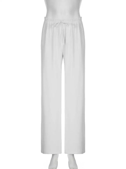 Beachy Wide-Leg Pants Soft Flowy Solid Color Women's Trousers Elastic Waist Casual Boho Chic Everyday Lounge Pants Woman Trendy