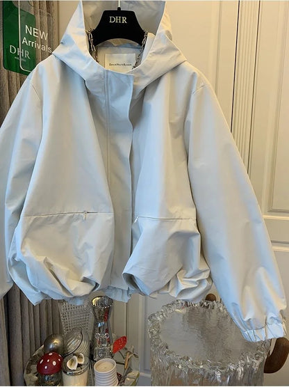 Unique Women Spring Autumn Hooded Short Jacket Casual Drawstring Pocket Windbreaker Loose Zipper Basic Coat