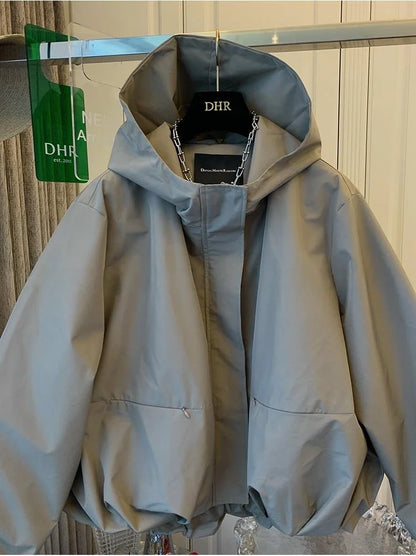 Unique Women Spring Autumn Hooded Short Jacket Casual Drawstring Pocket Windbreaker Loose Zipper Basic Coat