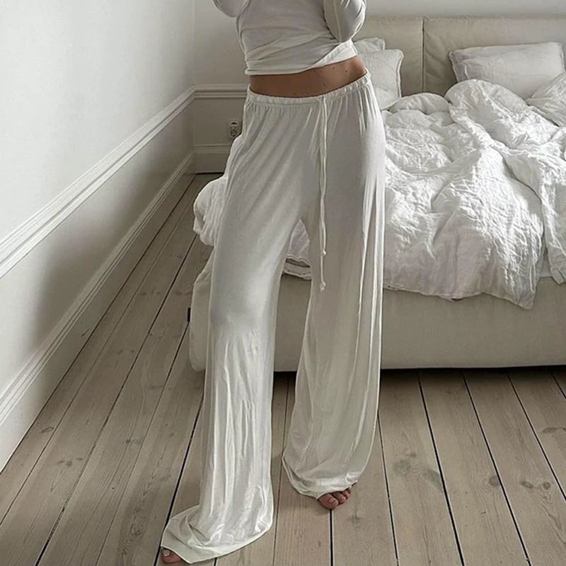 Beachy Wide-Leg Pants Soft Flowy Solid Color Women's Trousers Elastic Waist Casual Boho Chic Everyday Lounge Pants Woman Trendy