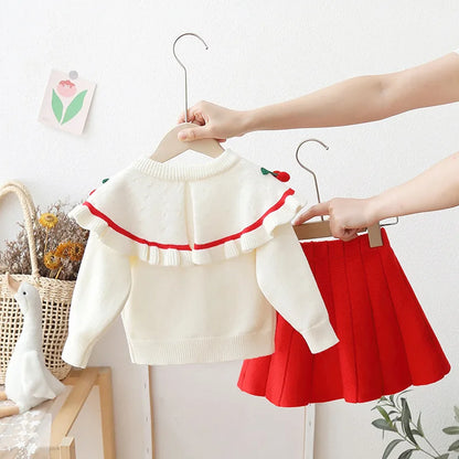 Girls' flying sleeve long sleeve knitted sweater set autumn and winter new girls' two piece dress baby birthday party suit
