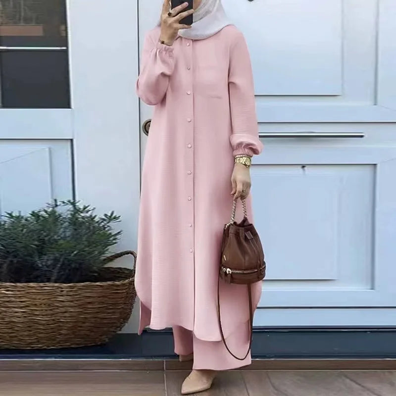 Fashionable Muslim Women's Floral Print Two-Piece Set Long Shirt Wide Leg Pants Spring Autumn Vintage Clothing Ensemble
