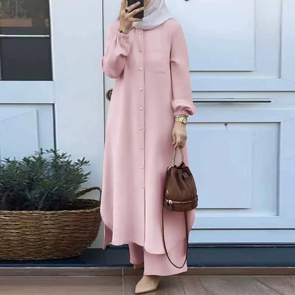 Fashionable Muslim Women's Floral Print Two-Piece Set Long Shirt Wide Leg Pants Spring Autumn Vintage Clothing Ensemble