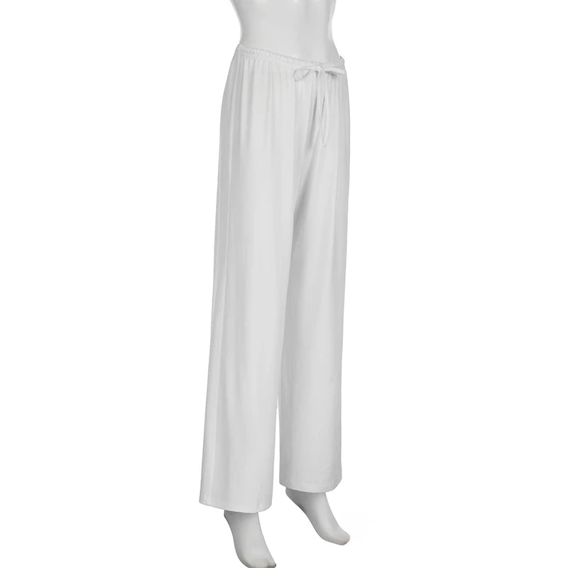 Beachy Wide-Leg Pants Soft Flowy Solid Color Women's Trousers Elastic Waist Casual Boho Chic Everyday Lounge Pants Woman Trendy