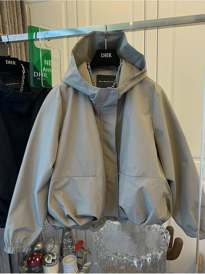 Unique Women Spring Autumn Hooded Short Jacket Casual Drawstring Pocket Windbreaker Loose Zipper Basic Coat