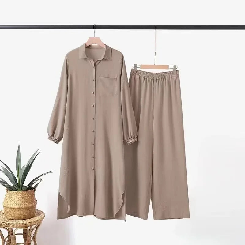 Fashionable Muslim Women's Floral Print Two-Piece Set Long Shirt Wide Leg Pants Spring Autumn Vintage Clothing Ensemble