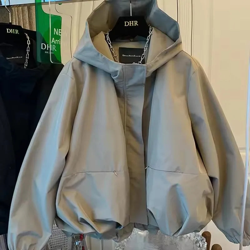 Unique Women Spring Autumn Hooded Short Jacket Casual Drawstring Pocket Windbreaker Loose Zipper Basic Coat