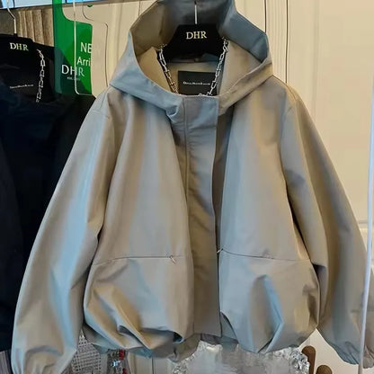 Unique Women Spring Autumn Hooded Short Jacket Casual Drawstring Pocket Windbreaker Loose Zipper Basic Coat