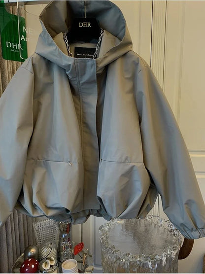 Unique Women Spring Autumn Hooded Short Jacket Casual Drawstring Pocket Windbreaker Loose Zipper Basic Coat
