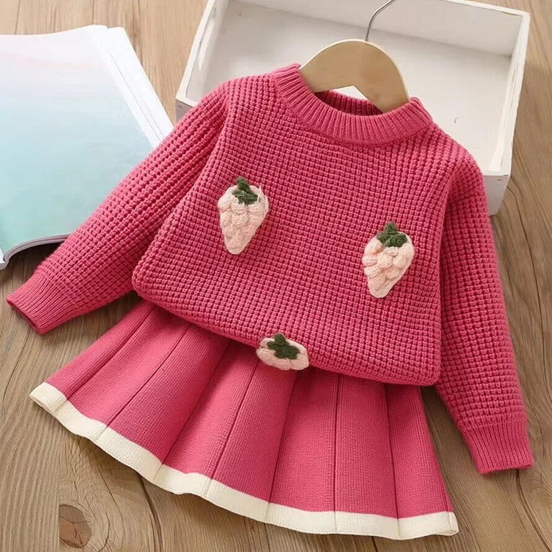 Girls' flying sleeve long sleeve knitted sweater set autumn and winter new girls' two piece dress baby birthday party suit