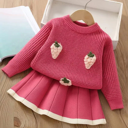 Girls' flying sleeve long sleeve knitted sweater set autumn and winter new girls' two piece dress baby birthday party suit