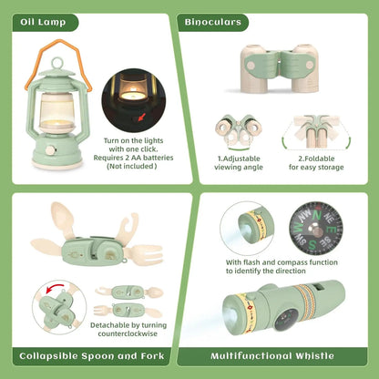 Kids Camping Set Toy Outdoor Explorer Kit Pretend Play OPTIONAL Tent Campfire Binocular Watch Bag Birthday Gift for Boys Girls